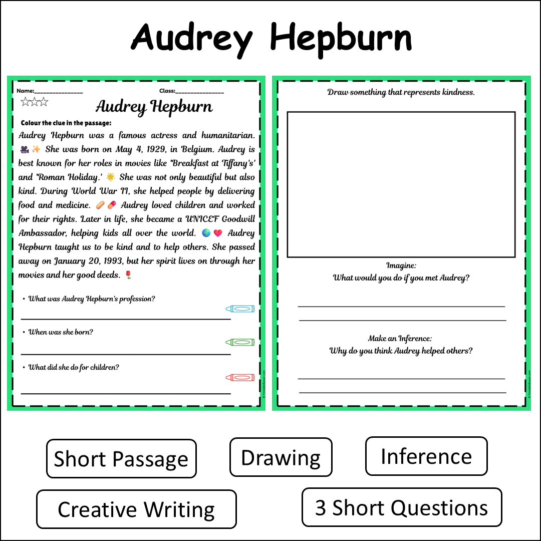 Audrey Hepburn | Short Reading Comprehension Creative Worksheet