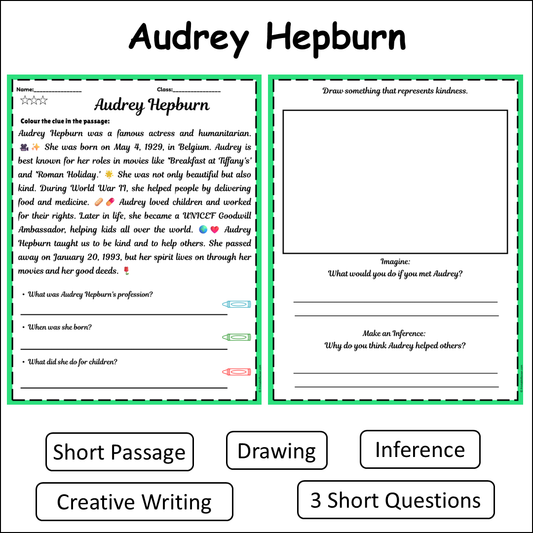 Audrey Hepburn | Short Reading Comprehension Creative Worksheet