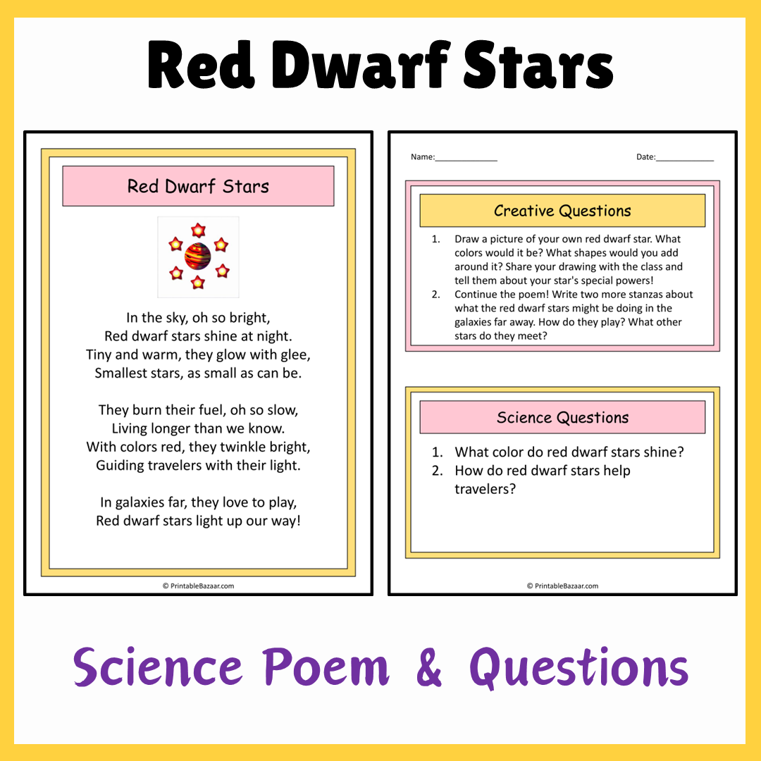 Red Dwarf Stars | Science Poem Reading Comprehension Activity