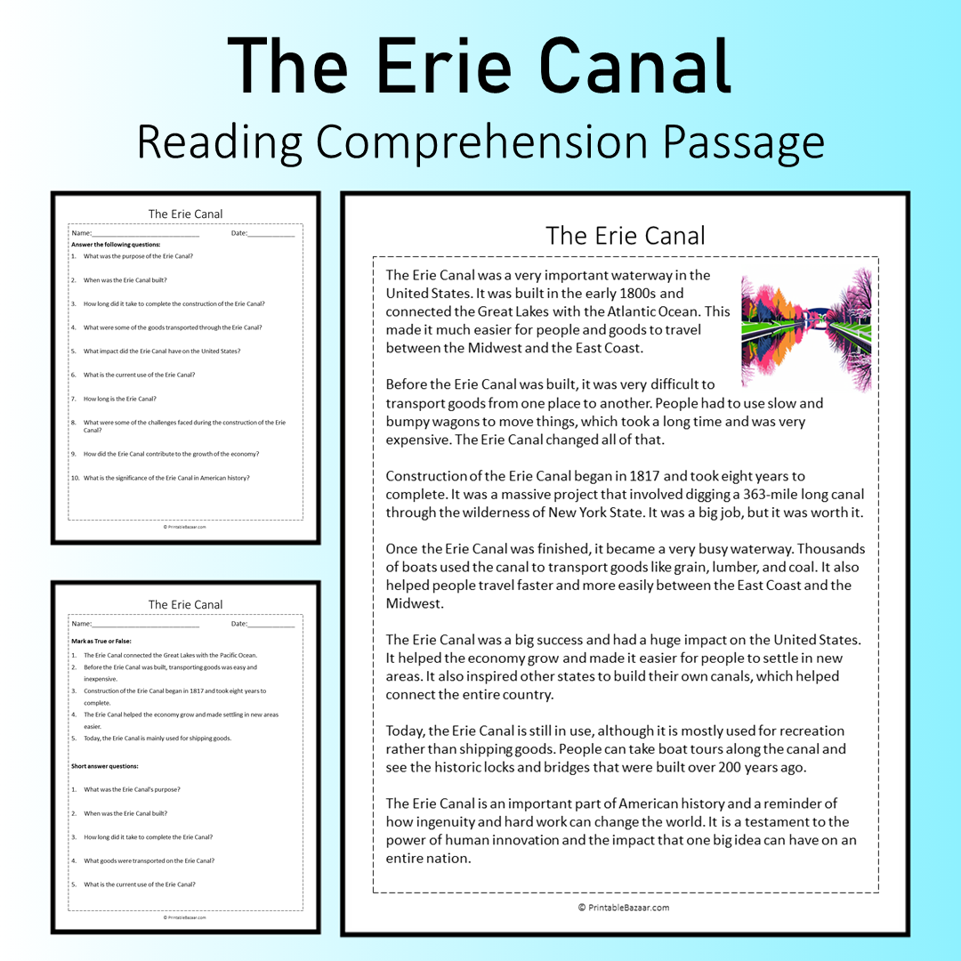 The Erie Canal | Reading Comprehension Passage Printable Worksheet