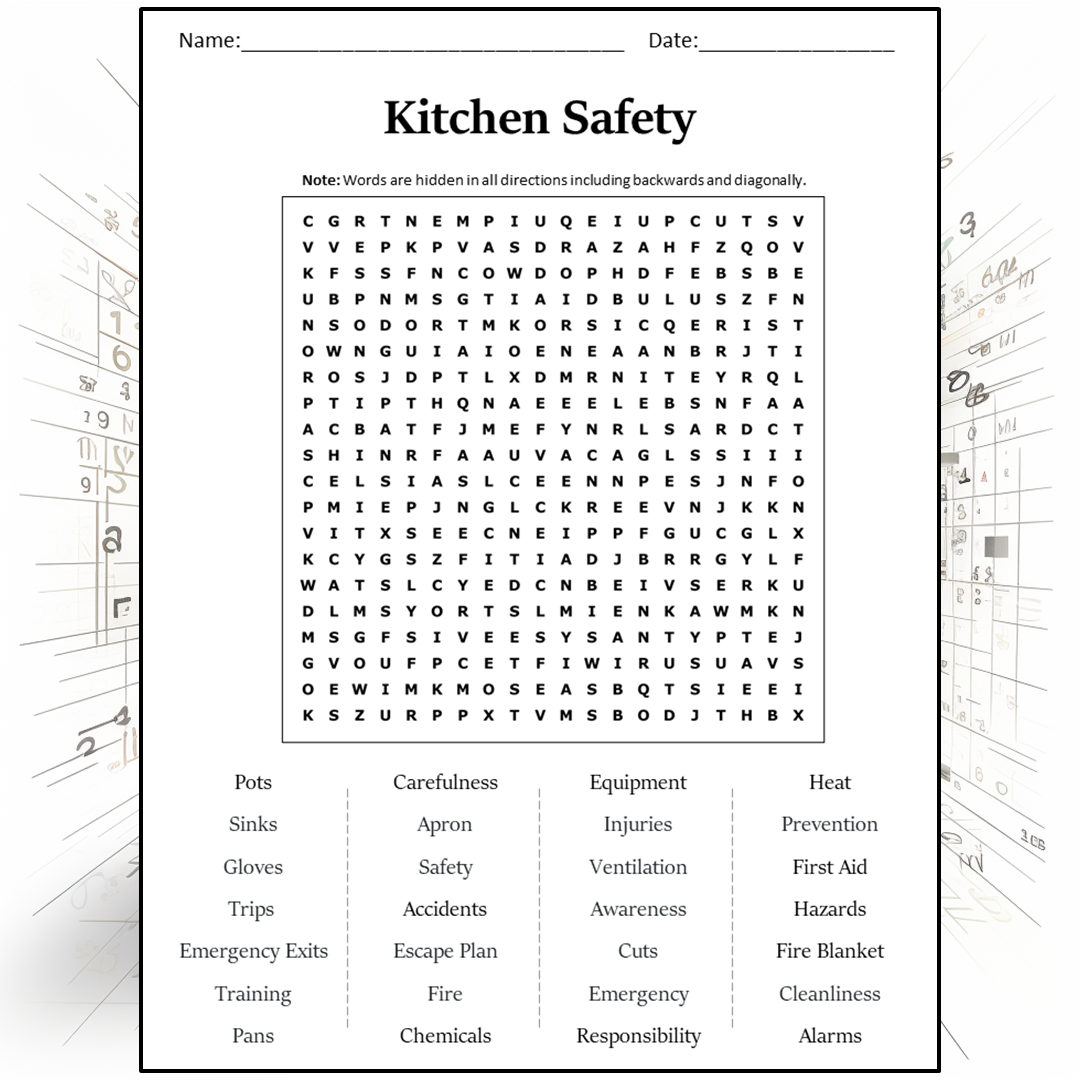 Kitchen Safety Word Search Puzzle Worksheet Activity PDF