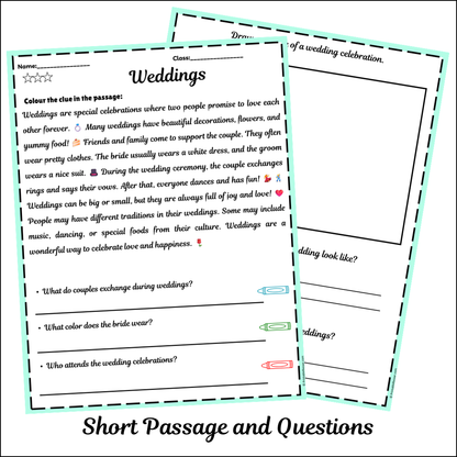 Weddings | Short Reading Comprehension Creative Worksheet