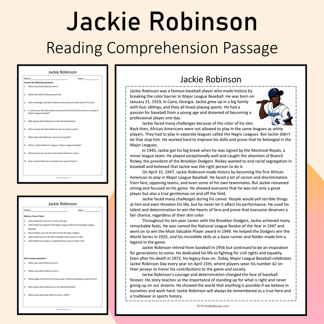 Jackie Robinson | Reading Comprehension Passage Printable Activity