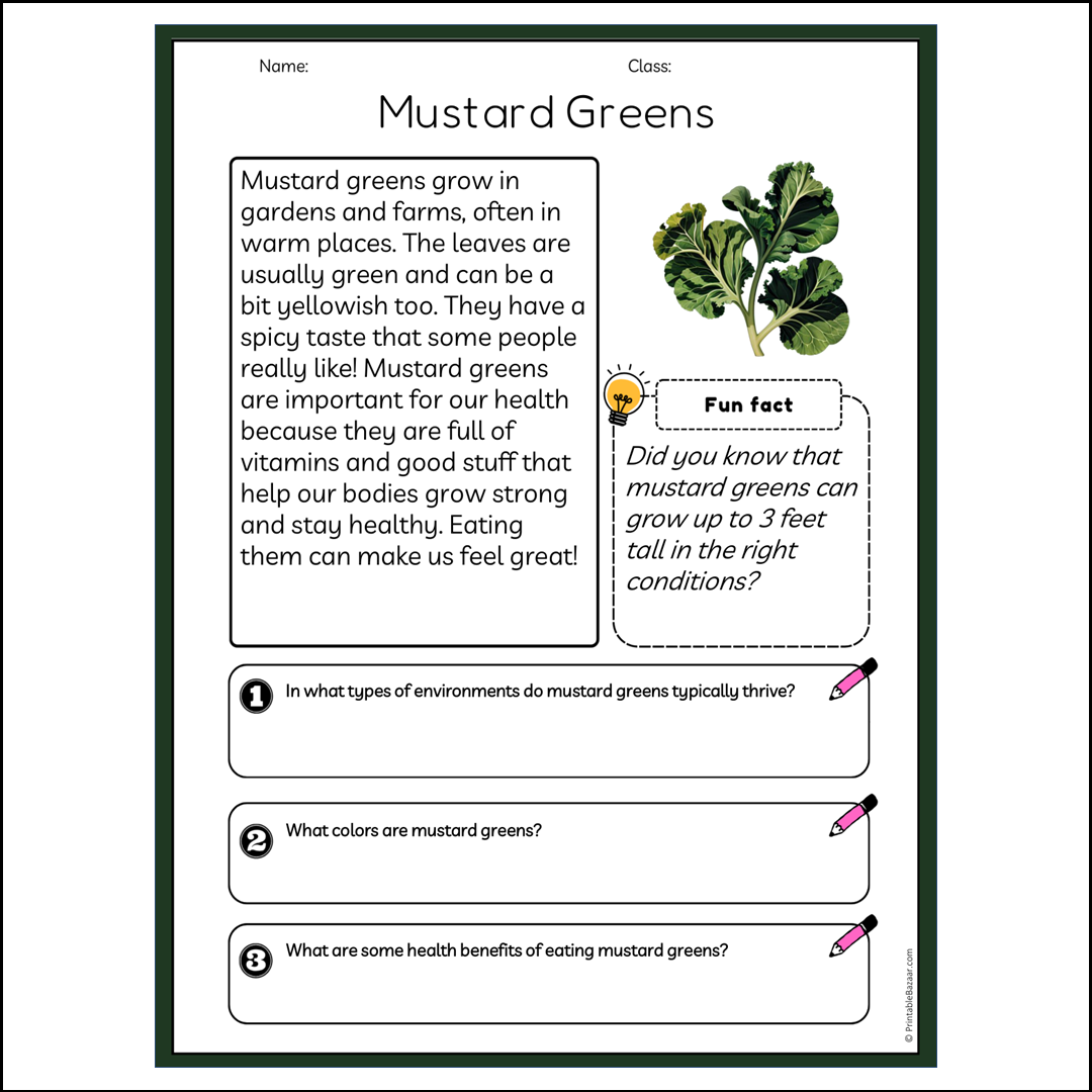 Mustard Greens | Reading Passage Comprehension Questions Writing Facts Worksheet