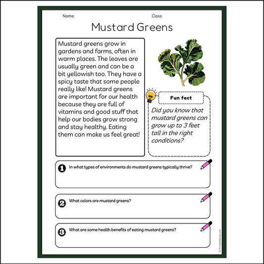 Mustard Greens | Reading Passage Comprehension Questions Writing Facts Worksheet