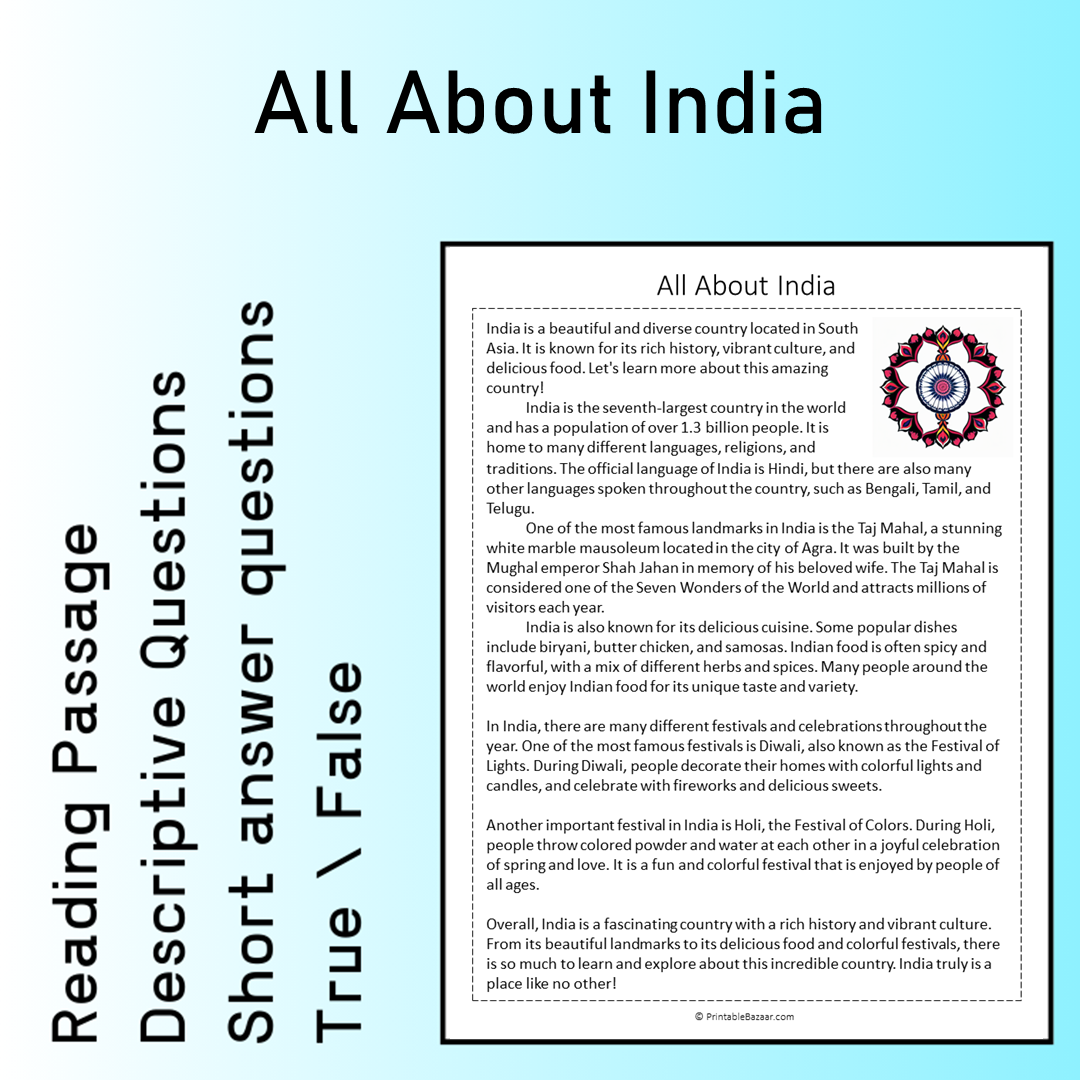 All About India | Reading Comprehension Passage Printable Worksheet