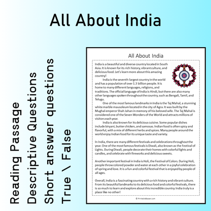 All About India | Reading Comprehension Passage Printable Worksheet