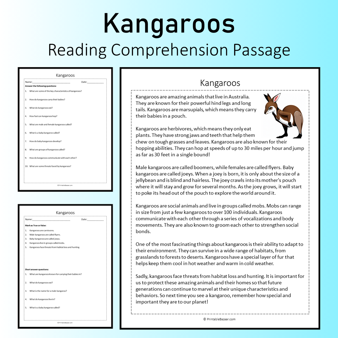 Kangaroos | Reading Comprehension Passage Printable Worksheet