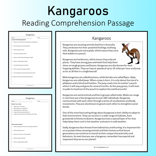 Kangaroos | Reading Comprehension Passage Printable Worksheet