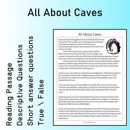 All About Caves | Reading Comprehension Passage Printable Worksheet