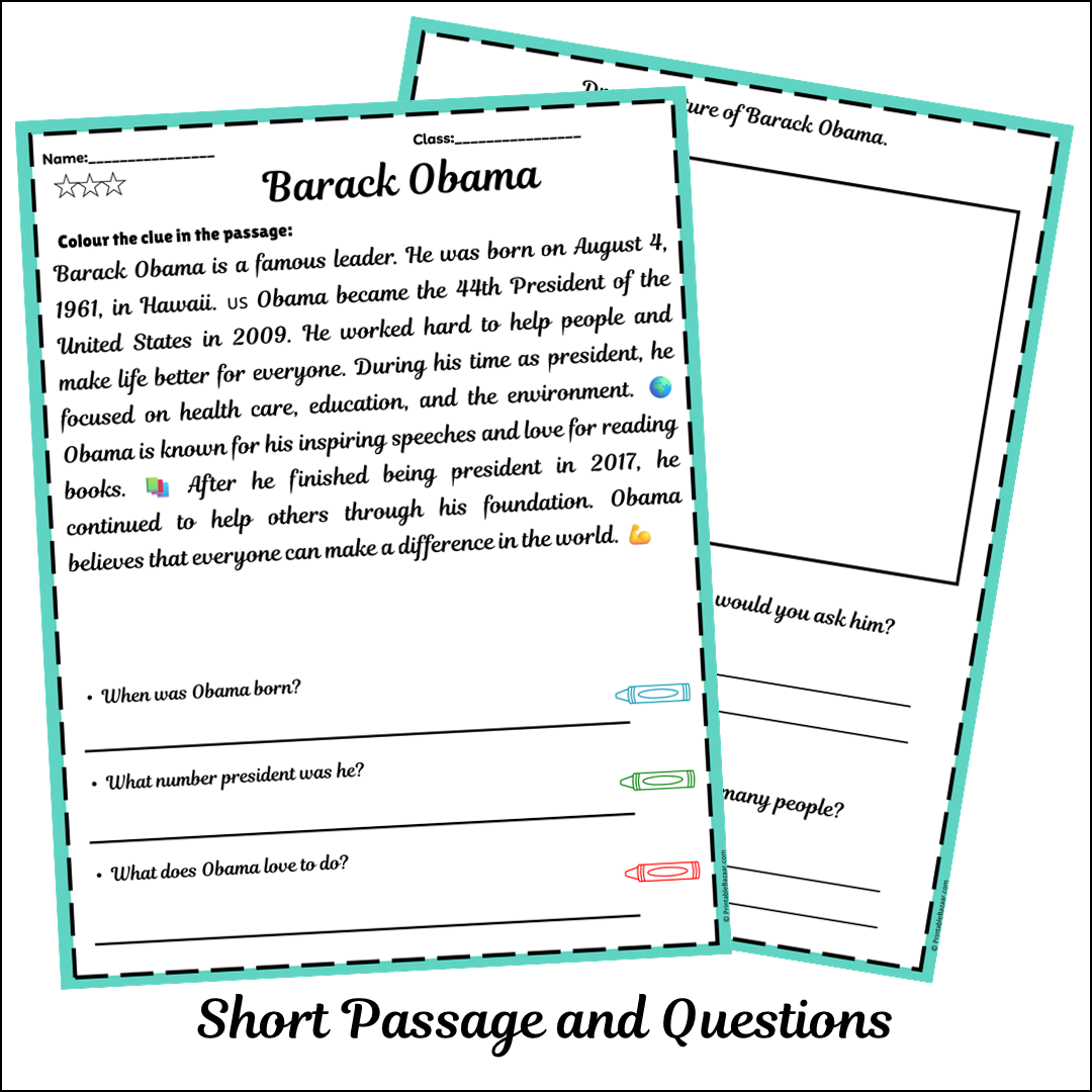 Barack Obama | Short Reading Comprehension Creative Worksheet