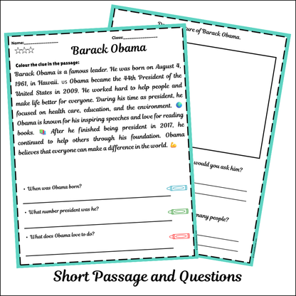 Barack Obama | Short Reading Comprehension Creative Worksheet
