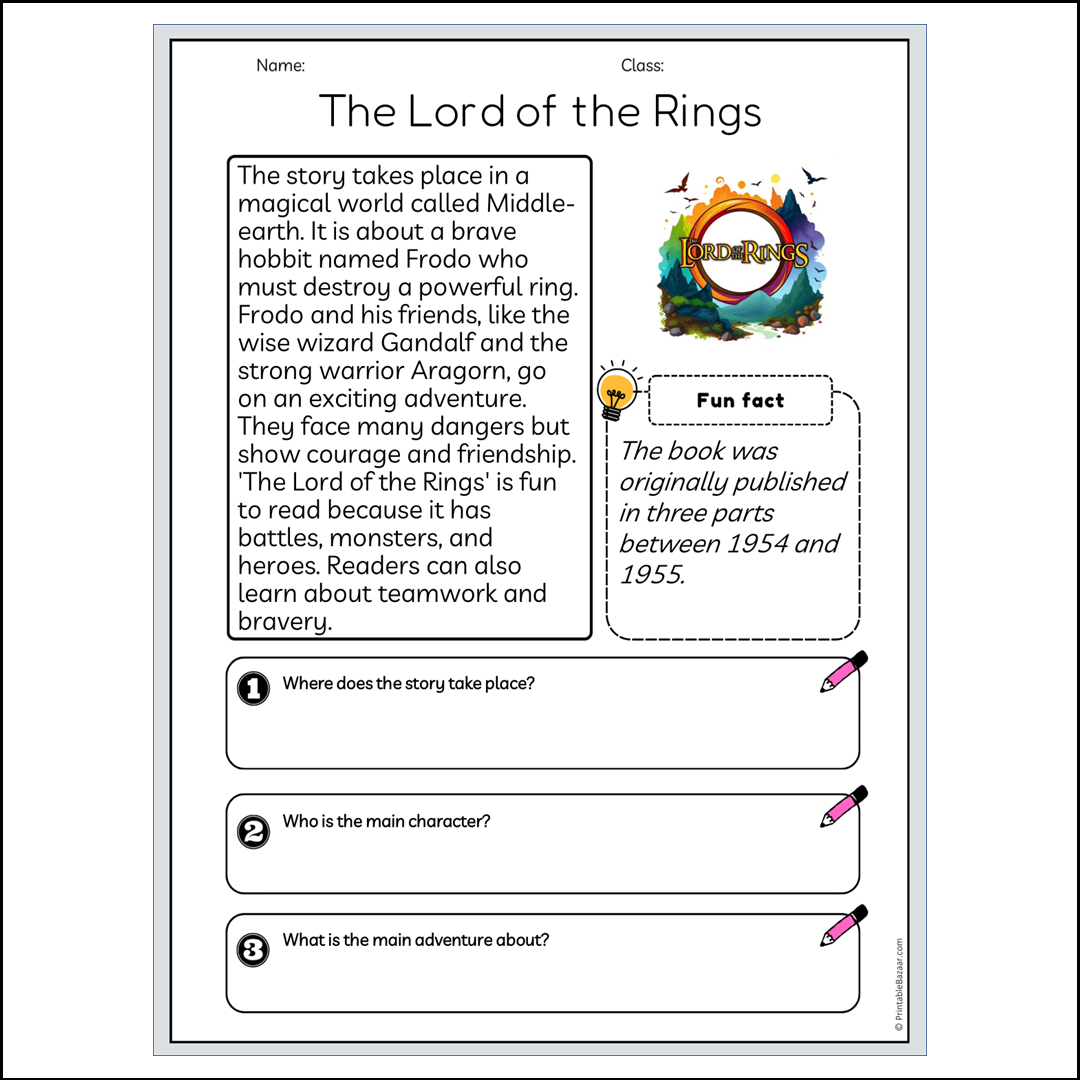 The Lord of the Rings | Reading Passage Comprehension Questions Writing Facts Worksheet