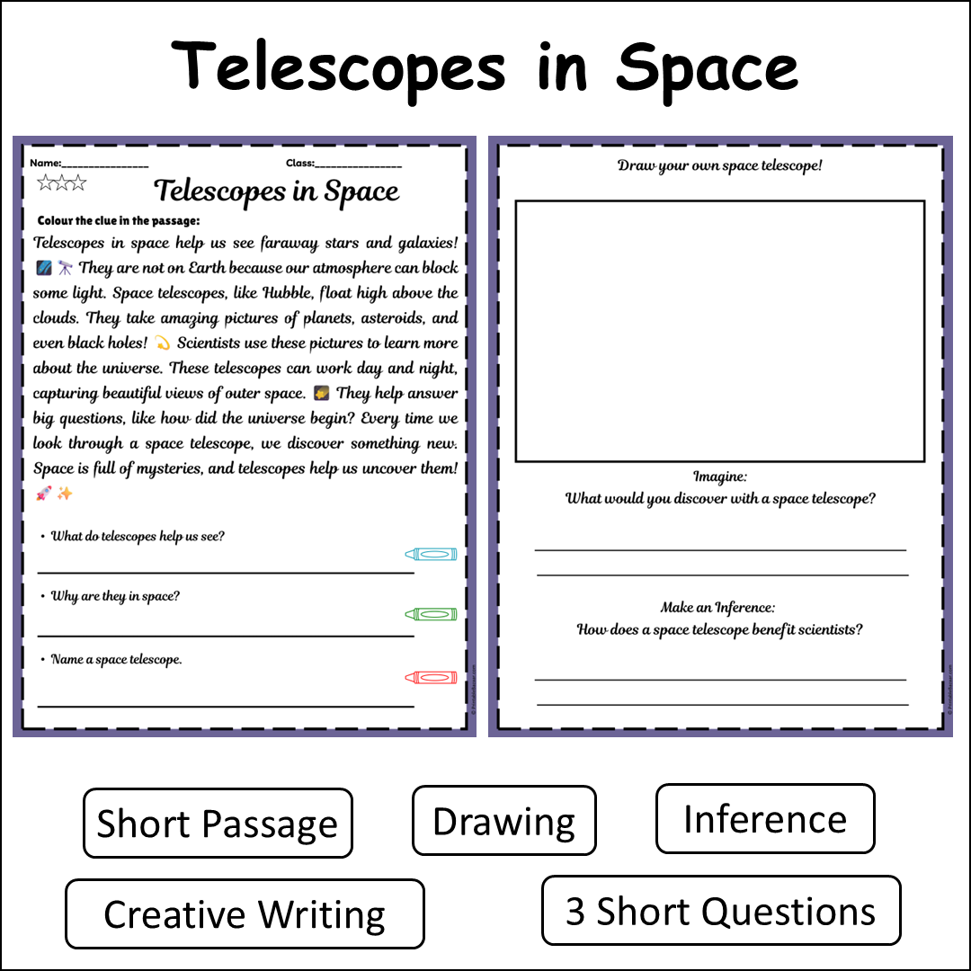 Telescopes in Space | Short Reading Comprehension Creative Worksheet