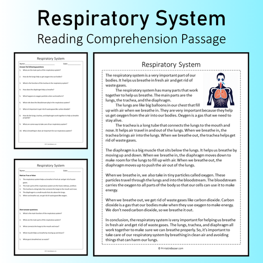 Respiratory System | Reading Comprehension Passage Printable Worksheet