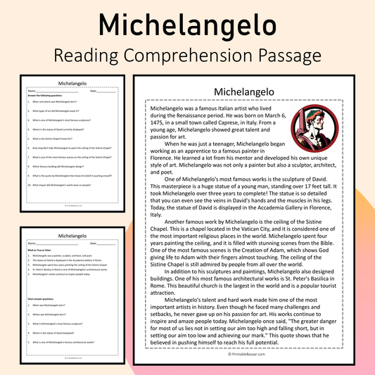 Michelangelo | Reading Comprehension Passage Printable Activity
