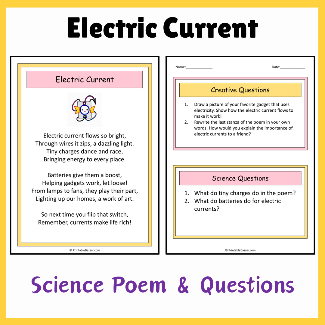 Electric Current | Science Poem Reading Comprehension Activity