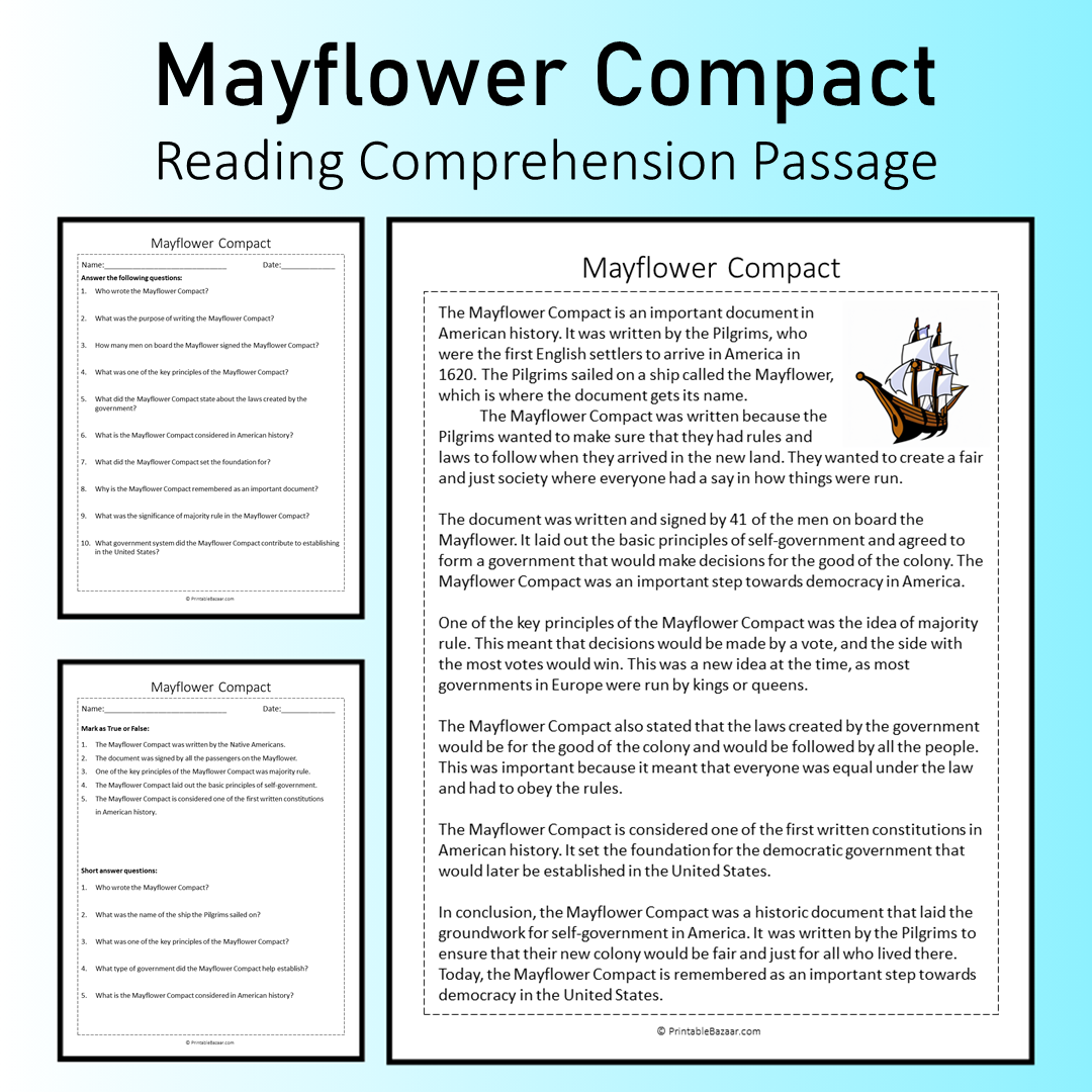 Mayflower Compact | Reading Comprehension Passage Printable Worksheet