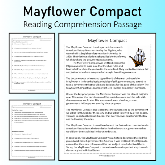 Mayflower Compact | Reading Comprehension Passage Printable Worksheet