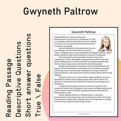 Gwyneth Paltrow | Reading Comprehension Passage Printable Activity