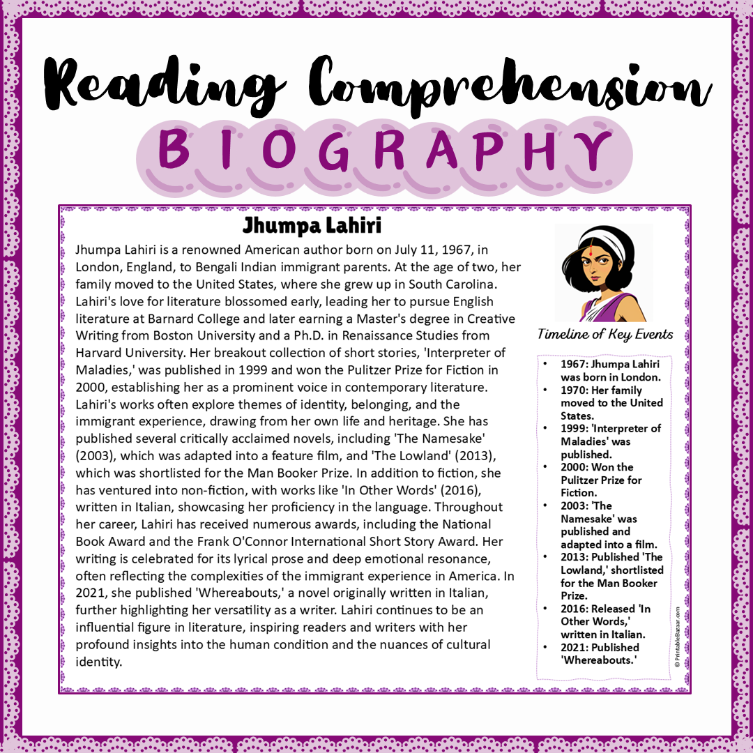 Jhumpa Lahiri | Biography Reading Comprehension and Questions Worksheet