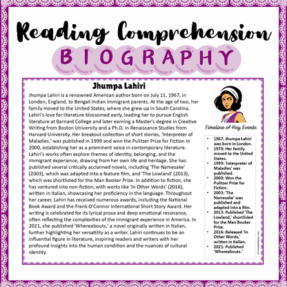 Jhumpa Lahiri | Biography Reading Comprehension and Questions Worksheet