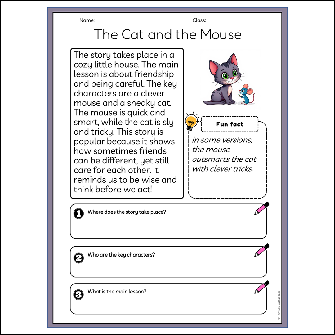 The Cat and the Mouse | Reading Passage Comprehension Questions Writing Facts Worksheet