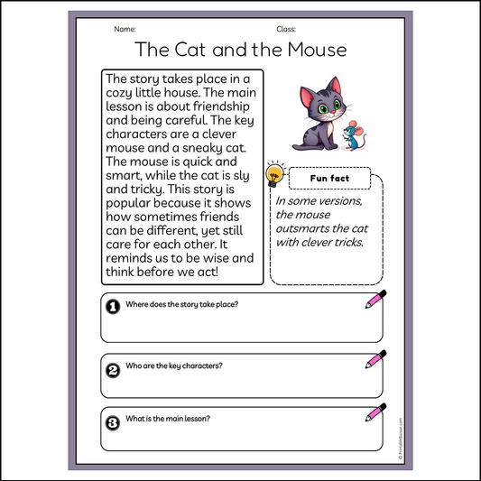 The Cat and the Mouse | Reading Passage Comprehension Questions Writing Facts Worksheet