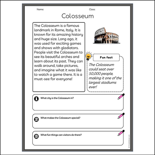 Colosseum | Reading Passage Comprehension Questions Writing Facts Worksheet