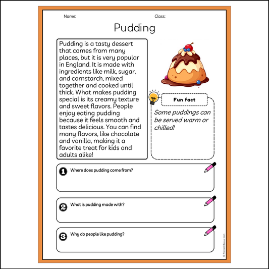 Pudding | Reading Passage Comprehension Questions Writing Facts Worksheet