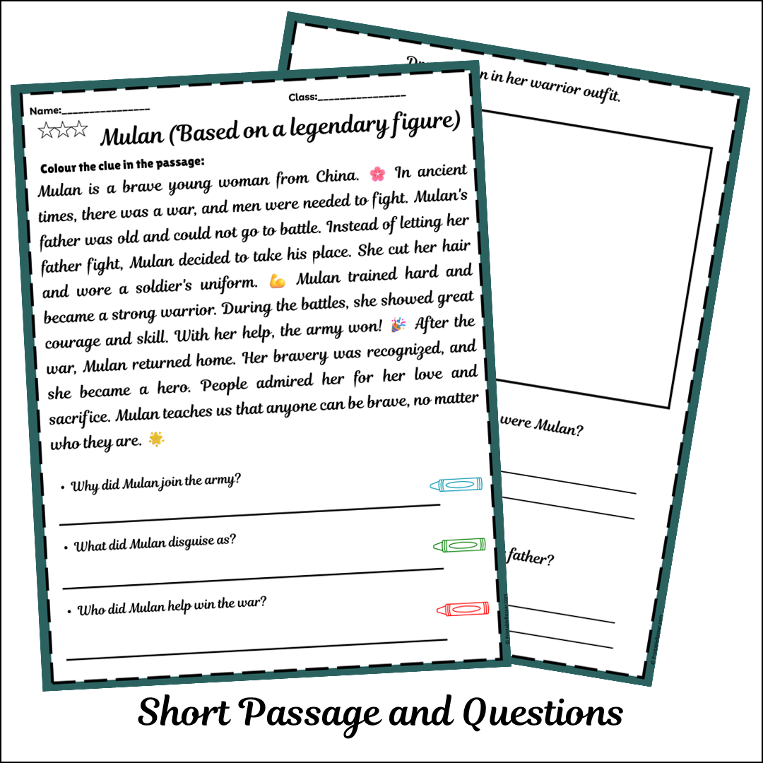 Mulan (Based on a legendary figure) | Short Reading Comprehension Creative Worksheet