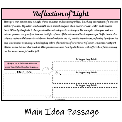 Reflection of Light | Main Idea and Supporting Details Reading Passage and Questions