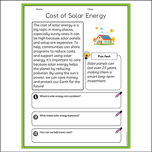 Cost of Solar Energy | Reading Passage Comprehension Questions Writing Facts Worksheet