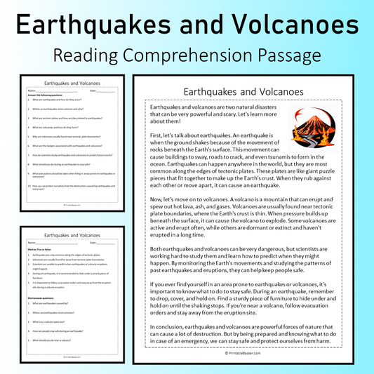 Earthquakes and Volcanoes | Reading Comprehension Passage Printable Worksheet
