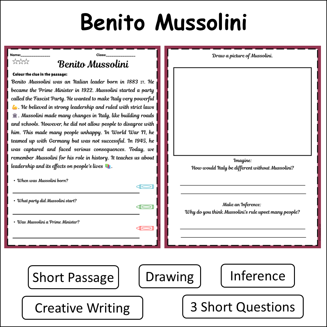 Benito Mussolini | Short Reading Comprehension Creative Worksheet