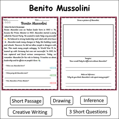 Benito Mussolini | Short Reading Comprehension Creative Worksheet