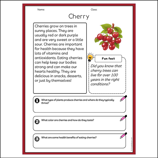 Cherry | Reading Passage Comprehension Questions Writing Facts Worksheet