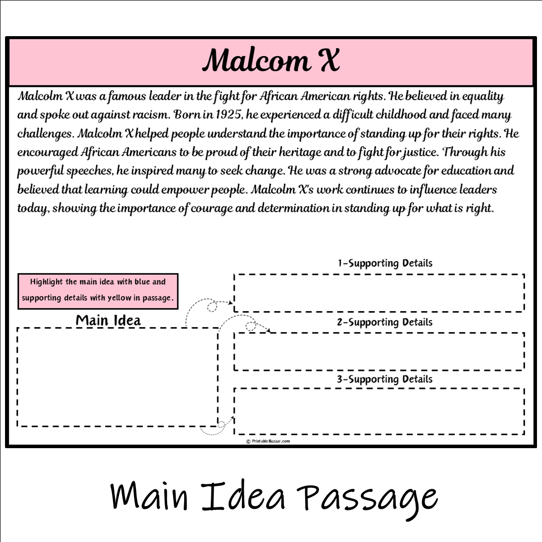 Malcom X | Main Idea and Supporting Details Reading Passage and Questions