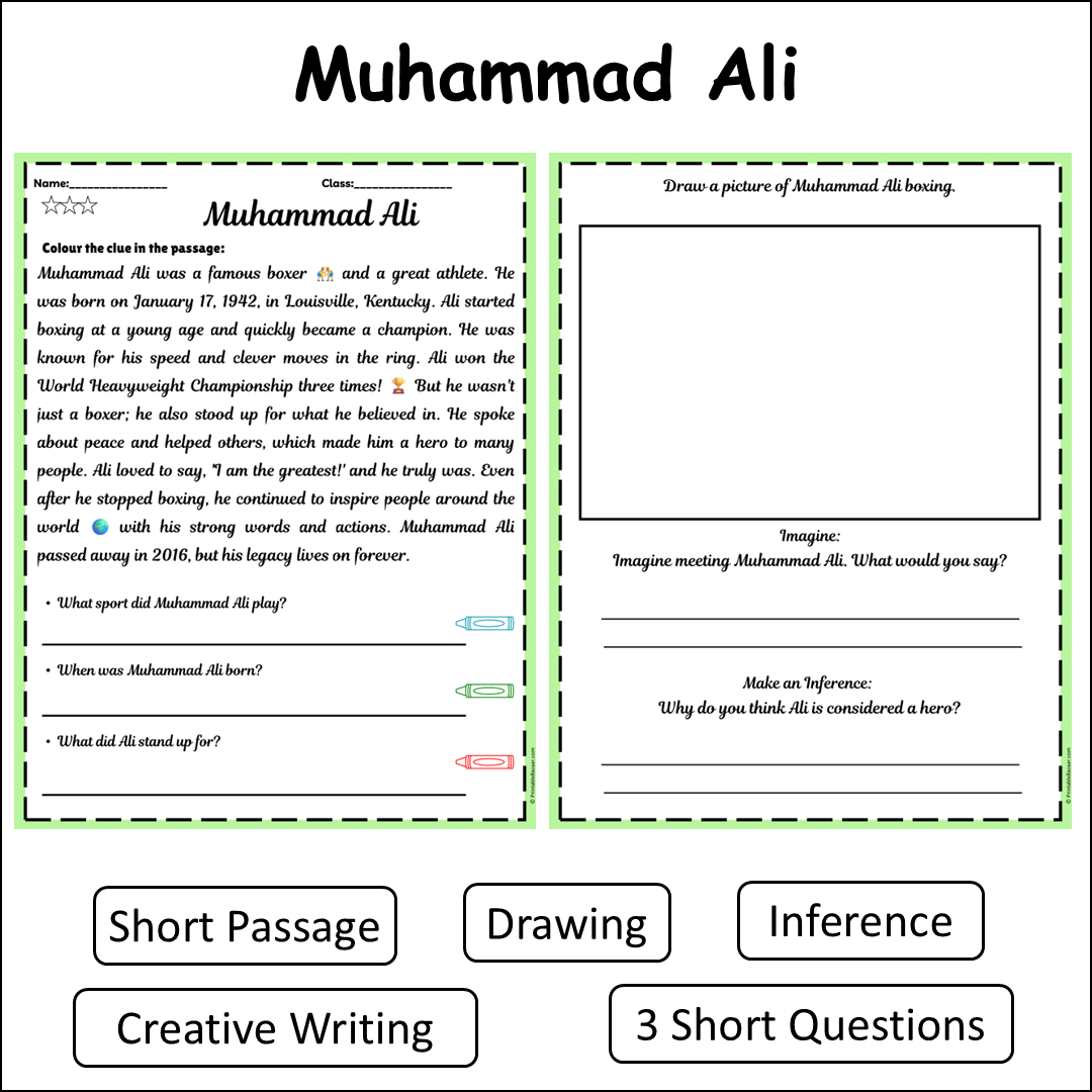 Muhammad Ali | Short Reading Comprehension Creative Worksheet