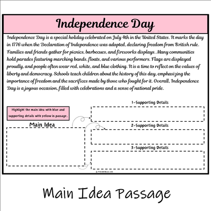 Independence Day | Main Idea and Supporting Details Reading Passage and Questions