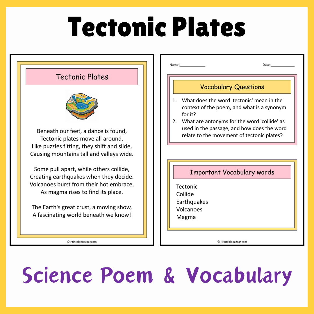 Tectonic Plates | Science Poem Reading Comprehension Activity