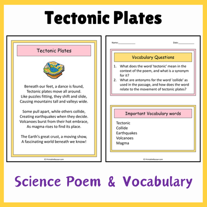 Tectonic Plates | Science Poem Reading Comprehension Activity