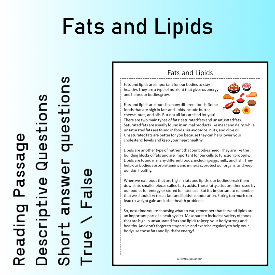 Fats and Lipids | Reading Comprehension Passage Printable Worksheet