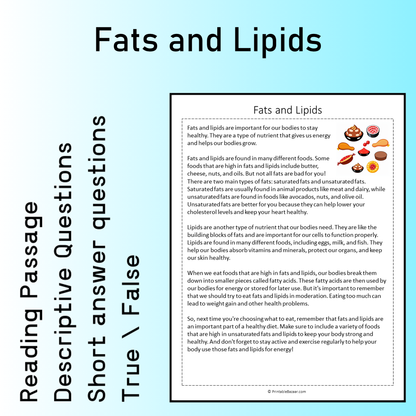 Fats and Lipids | Reading Comprehension Passage Printable Worksheet