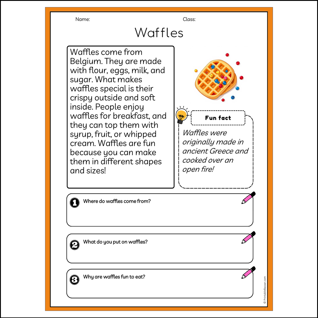 Waffles | Reading Passage Comprehension Questions Writing Facts Worksheet