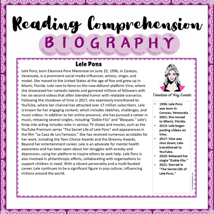 Lele Pons | Biography Reading Comprehension and Questions Worksheet