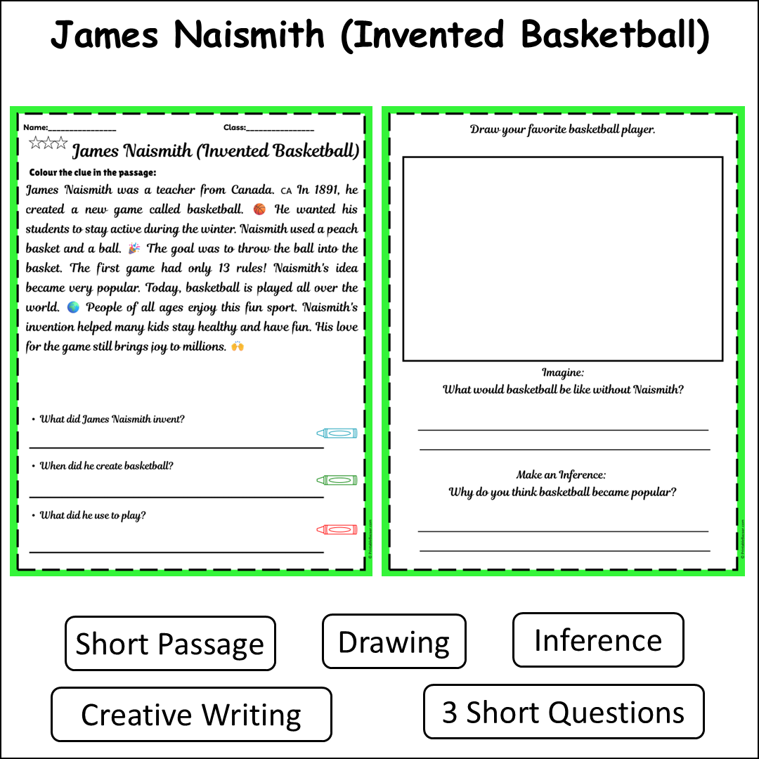 James Naismith (Invented Basketball) | Short Reading Comprehension Creative Worksheet