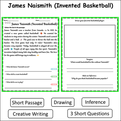 James Naismith (Invented Basketball) | Short Reading Comprehension Creative Worksheet