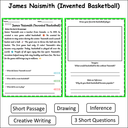 James Naismith (Invented Basketball) | Short Reading Comprehension Creative Worksheet