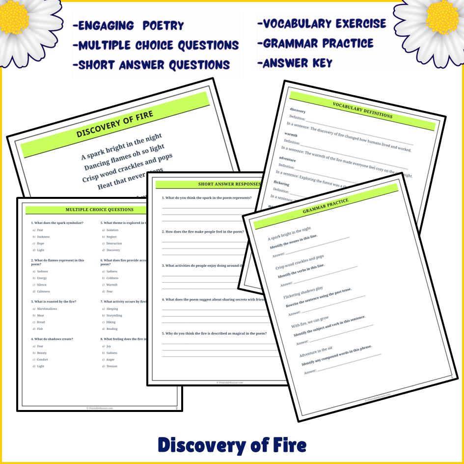 Discovery of Fire | Poem Grammar Worksheet Printable Activity